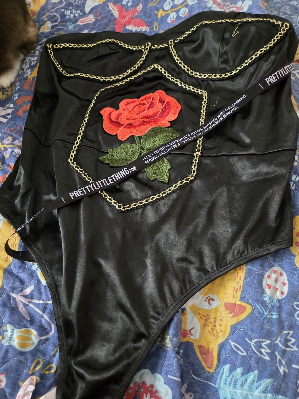 NWT Pretty Little Things Black Satin Bodysuit With Large Embroidered Rose